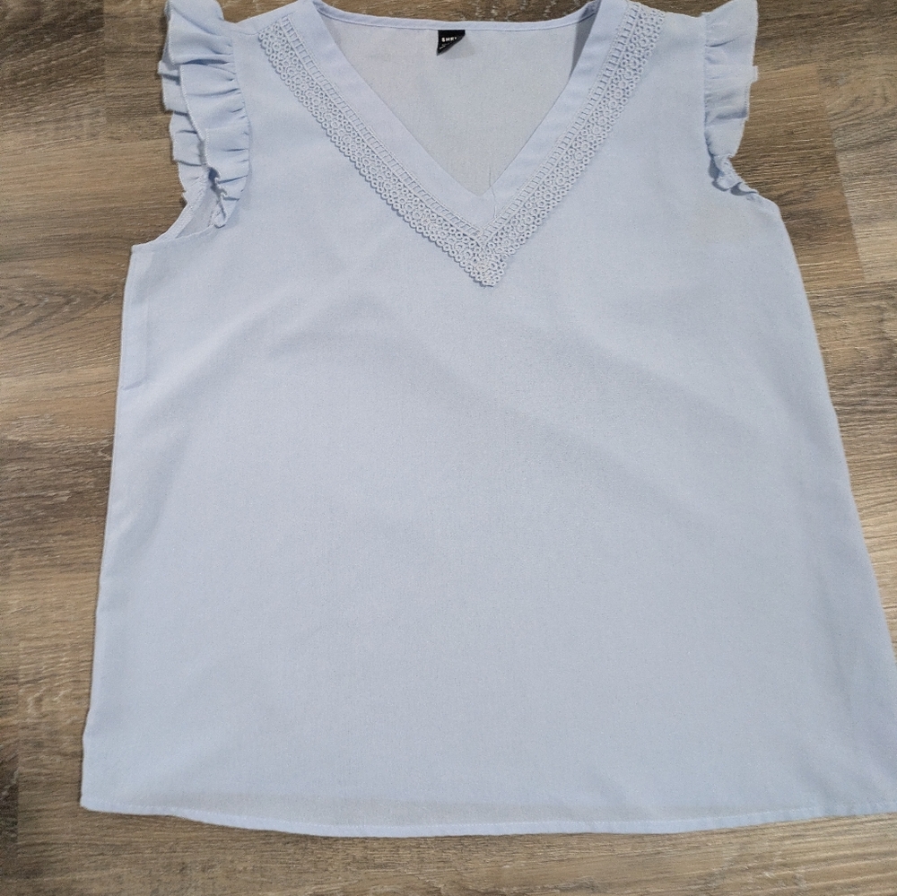 Light Blue Ruffled V-Neck Women's Top